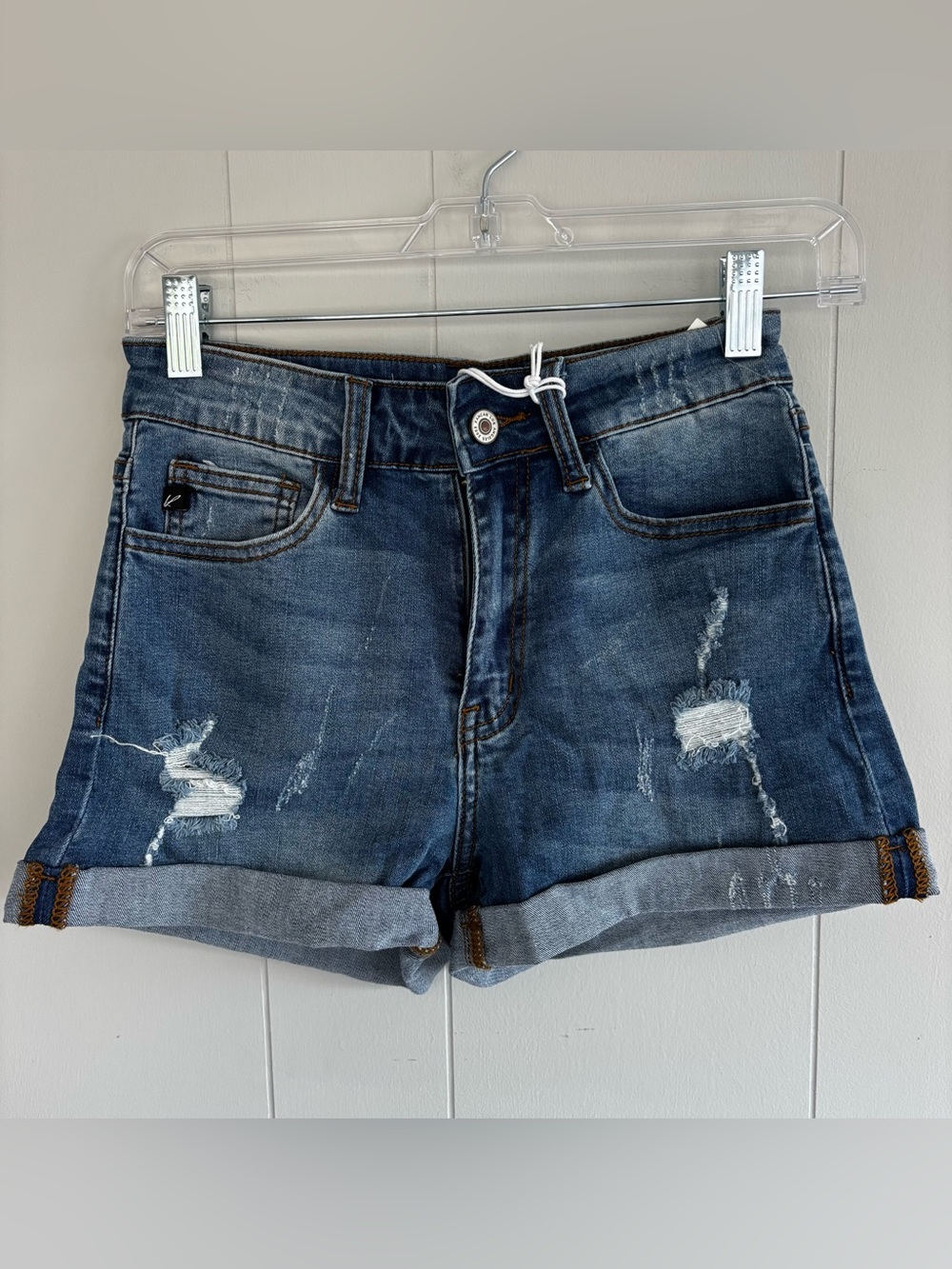 KanCan Dark Blue Distressed Rolled Hem Jean Shorts, W 3/25